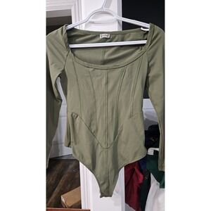 Free People Feminine Intimately boho Corset Seam Long Sleeve Bodysuit  Green XS